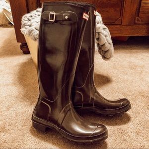 dark brown tall gloss hunter boots
